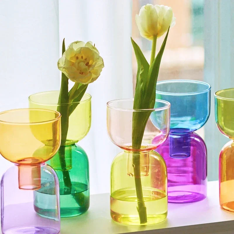 vases modernes transparents vert jaune orange rose bleu violet set deux pièces