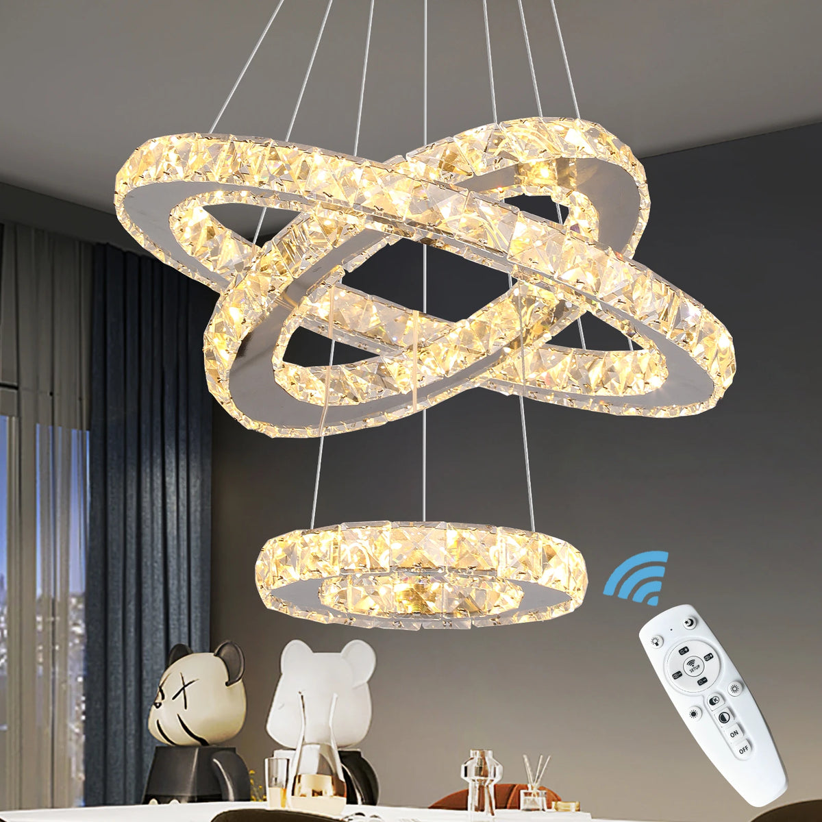 Suspension lumineuse moderne acier inoxydable blanc doré strass brillant 20+ LED dimmable télécommande