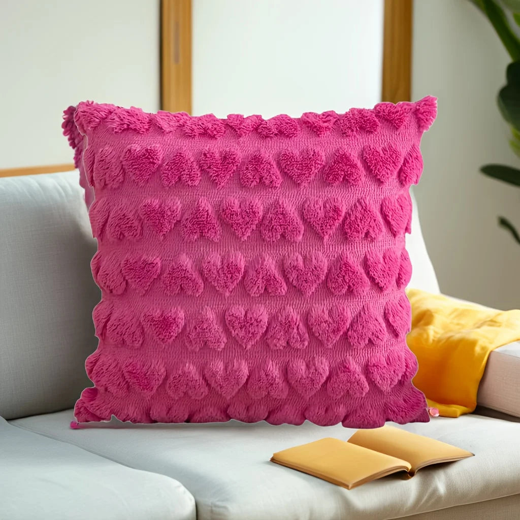 housse coussin carré motif cœurs blanc rose moderne polyester 45cm 45cm fixations