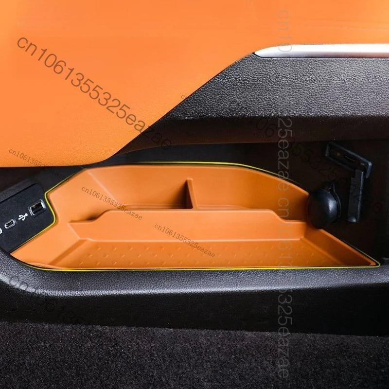 organisateur rangement voiture orange texture cuir moderne adhésif compartiments tasses objets smartphone