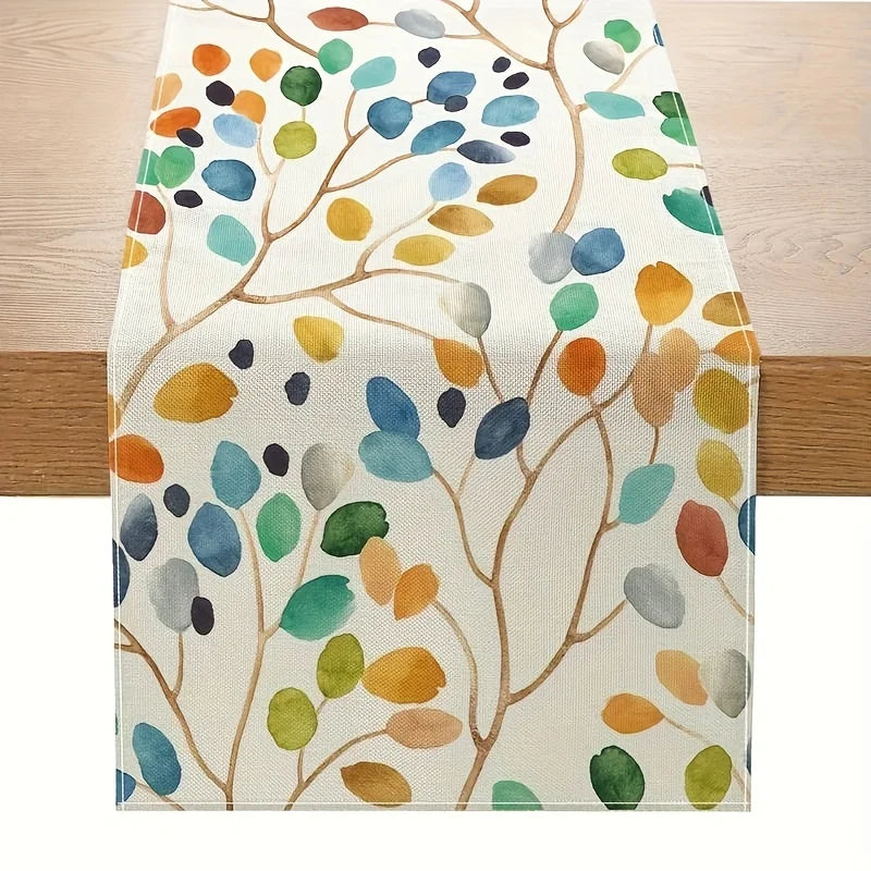 chemin table moderne feuilles colorées automne beige clair vert bleu orange marron gris texture
