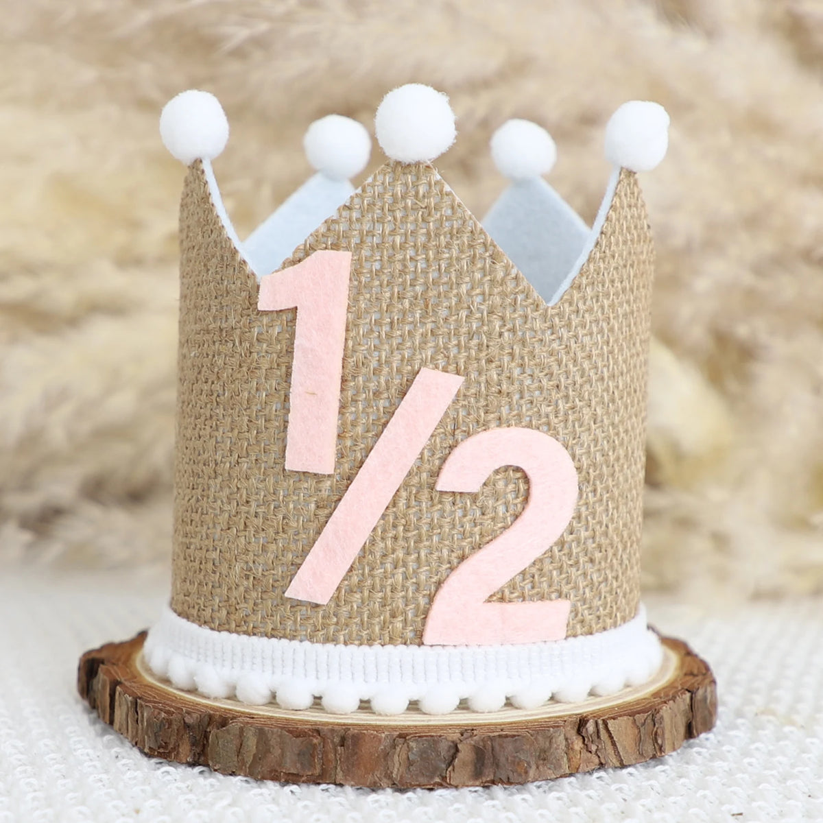 couronne décorative marron blanc bleu rose pompons chiffres anniversaire enfant photo rustic