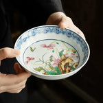 service thé traditionnel céramique émaillée fleurs papillons artisanal blanc bleu vert rose brun