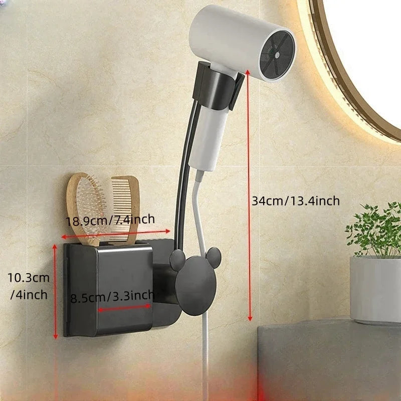 support mural moderne sèche cheveux brosse peigne rangement salle bain argenté gris blanc