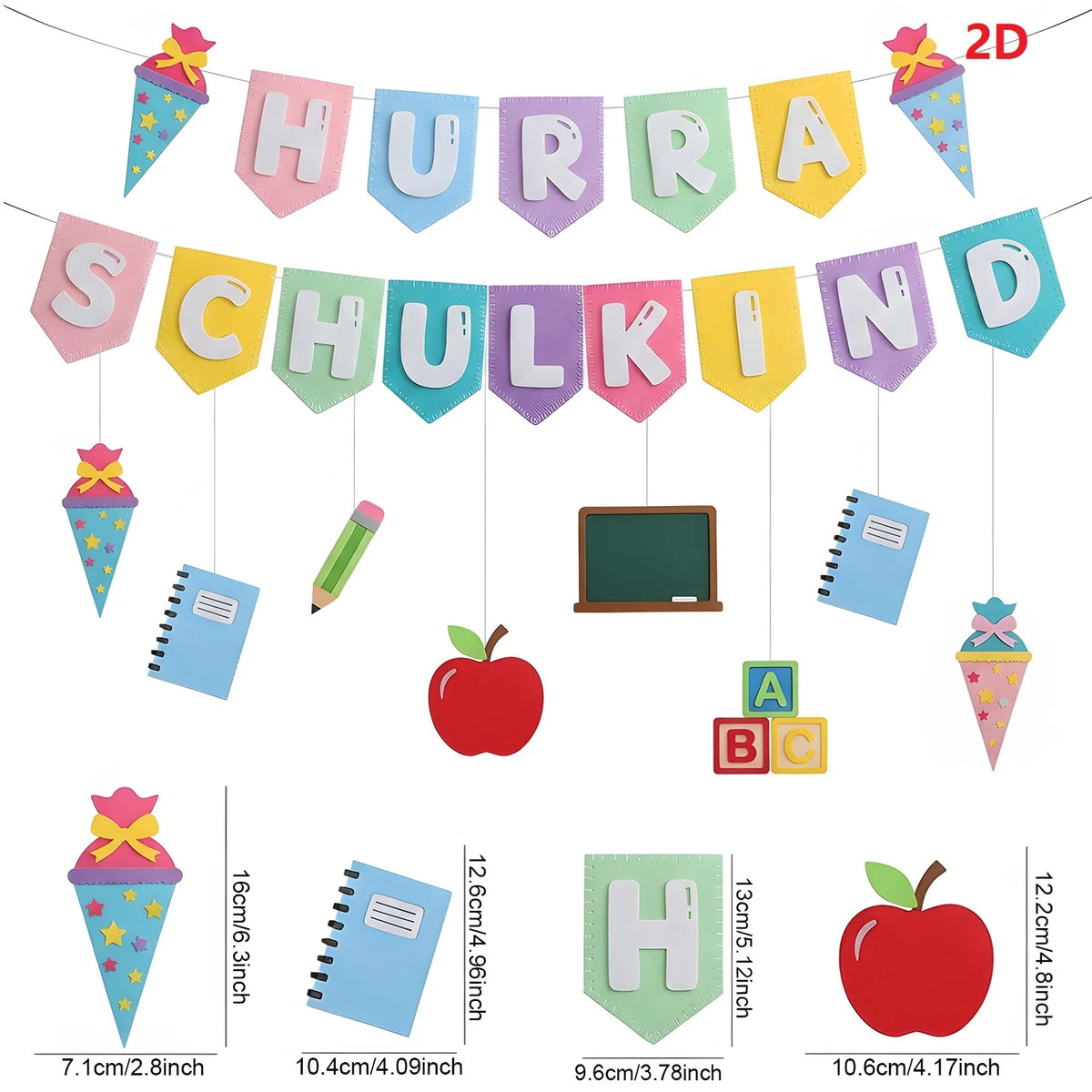 guirlande bannières motifs crayons écolier ballons tableaux papeterie globe lettres constructions gâteaux pommes