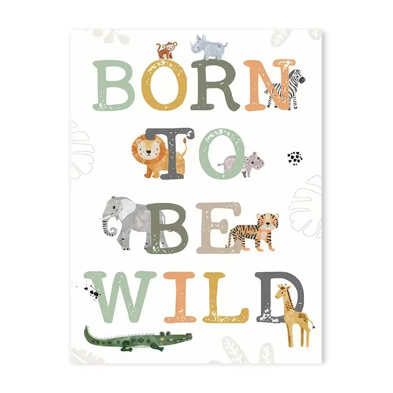 affiche toile animaux jungle lion zebre elephant decor chambre enfant cartoon beige vert