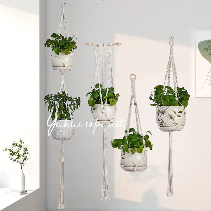 support plante suspendue macramé boho rotin blanc sculpté main decoration maison balcon jardin anneau