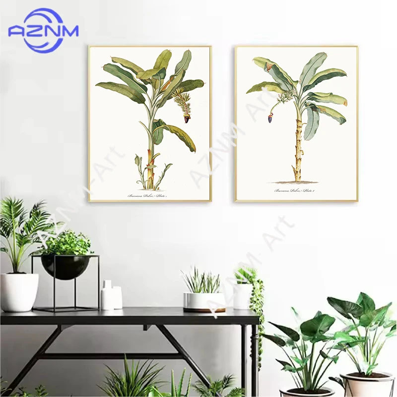 affiche botanique classique plantes tropicales illustration verte jaune blanche sans cadre doré maison décoration