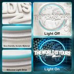 enseigne lumineuse néon carte monde THE WORLD IS YOURS bleu rose blanc fixations intérieur