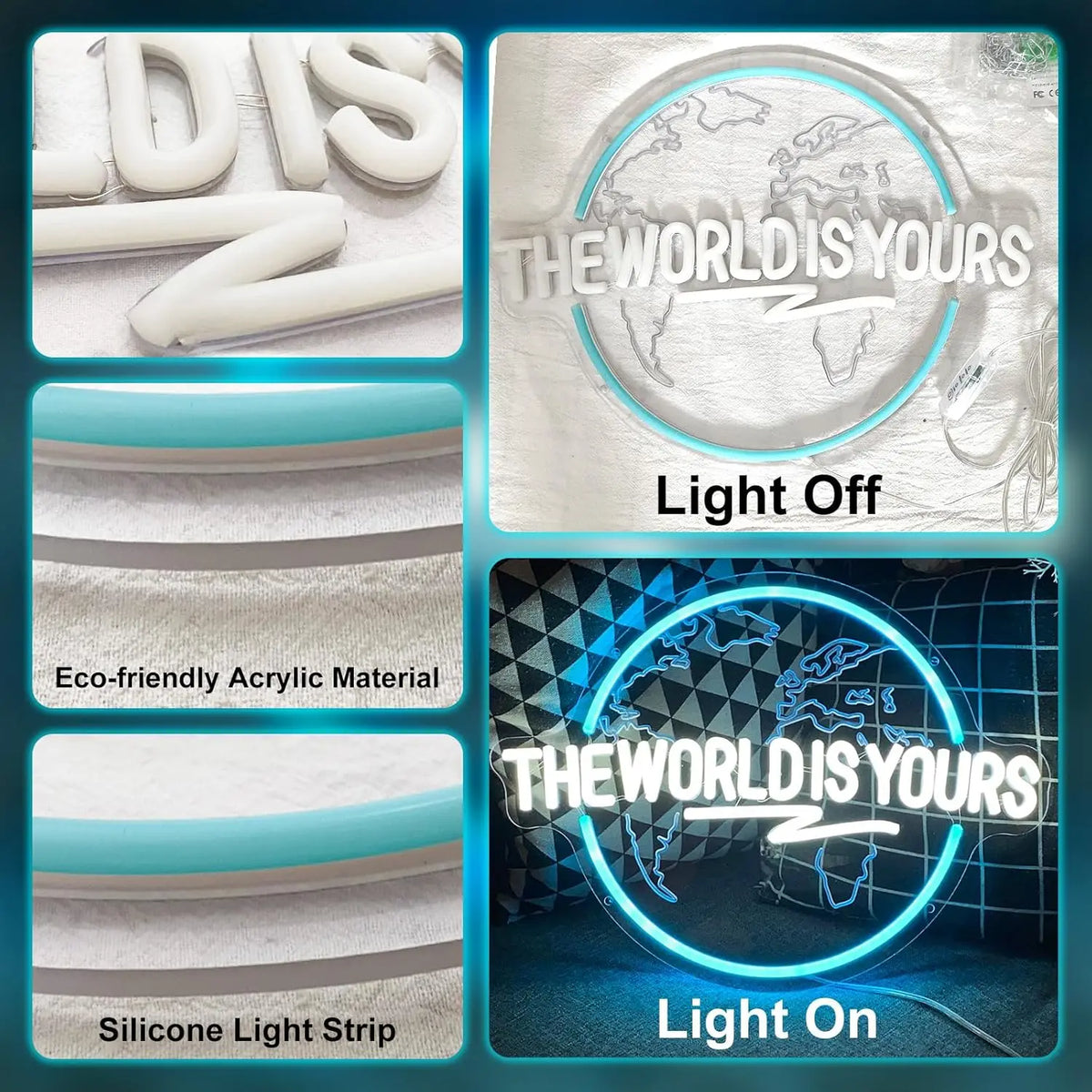 enseigne lumineuse néon carte monde THE WORLD IS YOURS bleu rose blanc fixations intérieur