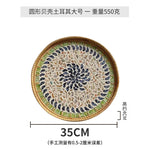 plateau rond rotin coquillages feuilles naturelles décoration boho assiette fruits pain petit déjeuner
