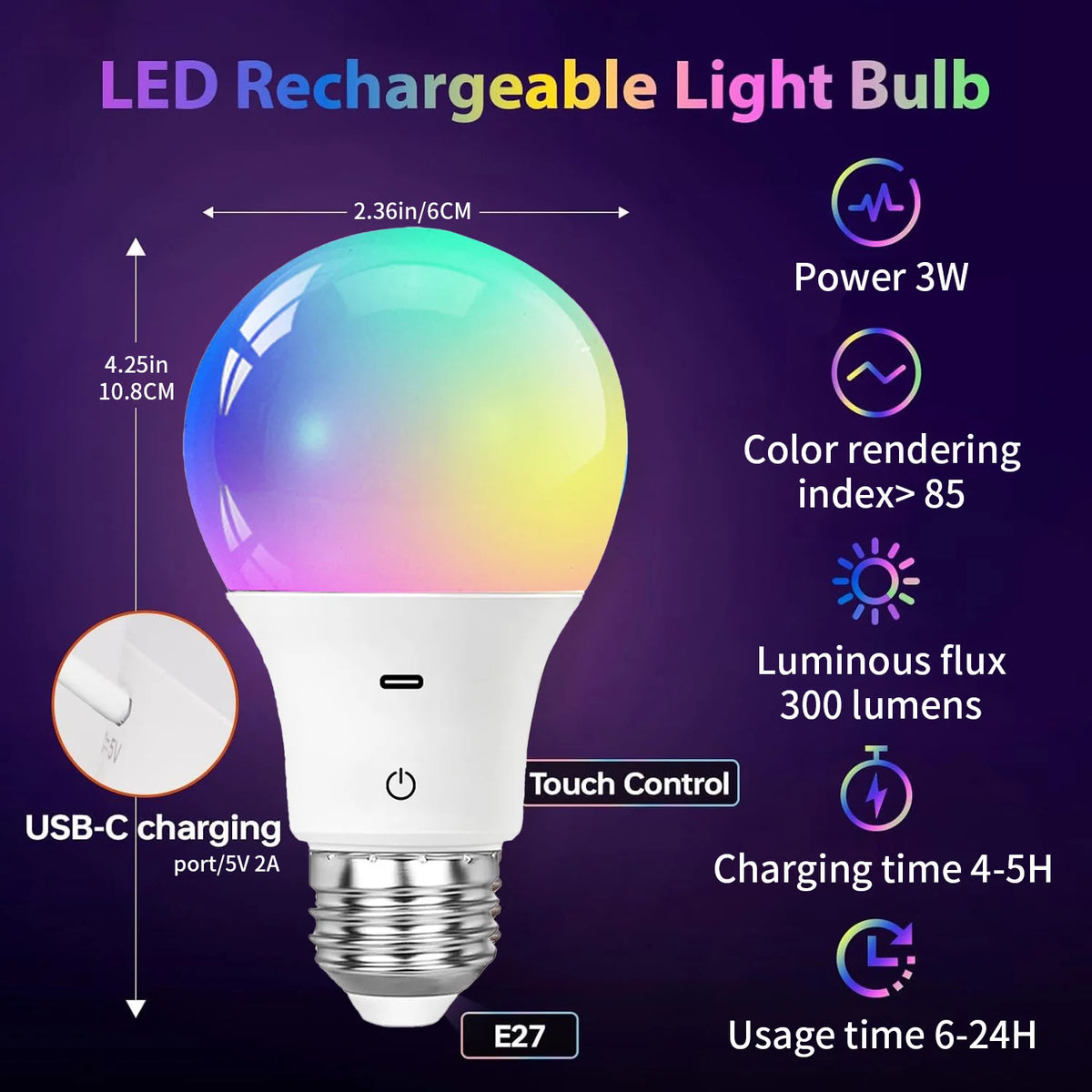ampoules led rechargeables blanc multicolore éclairage moderne câble usb télécommande réglage couleursRGBO27