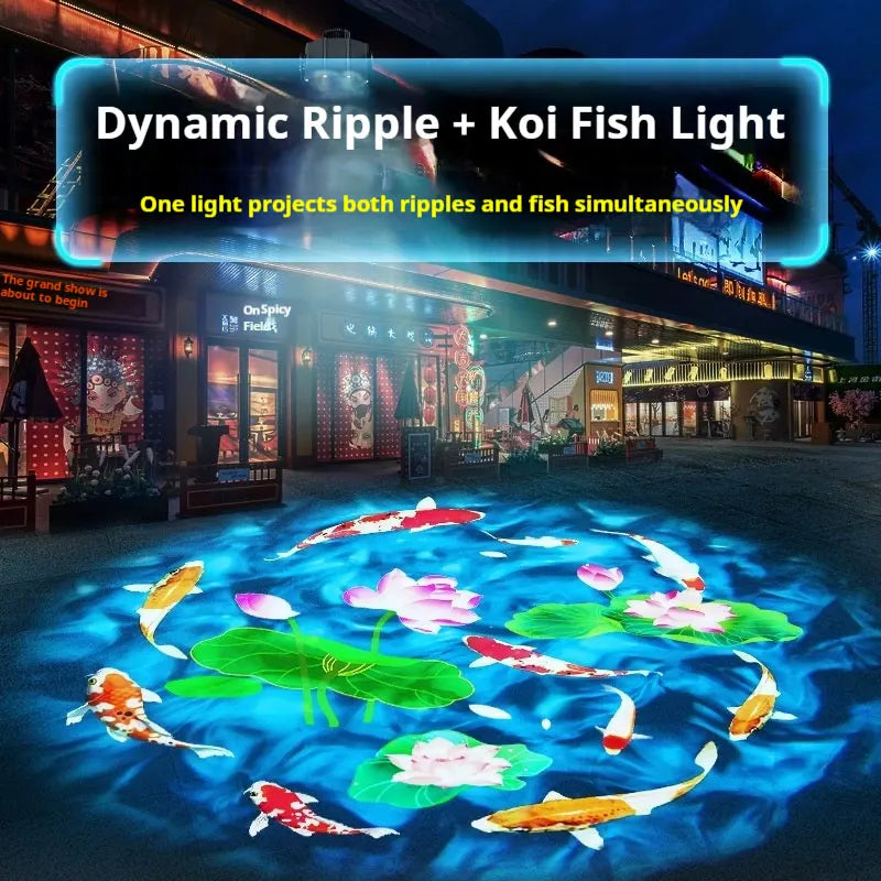 projecteur led extérieur effet eau dynamique poissons koi lotus logo décoration jardin piscine dynamique