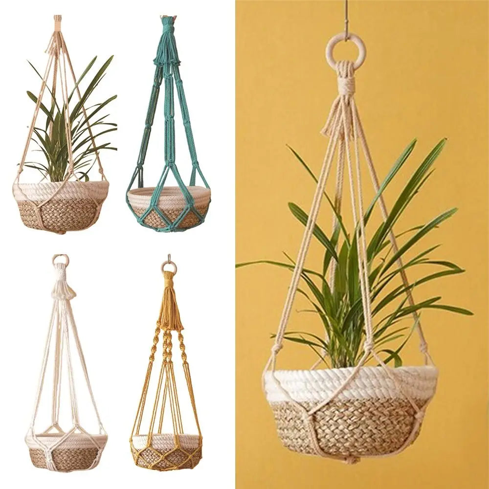panier suspendu boho tissé motifs géométriques couleur beige vert anneaux métalliquesintérieur décoration jardin salon