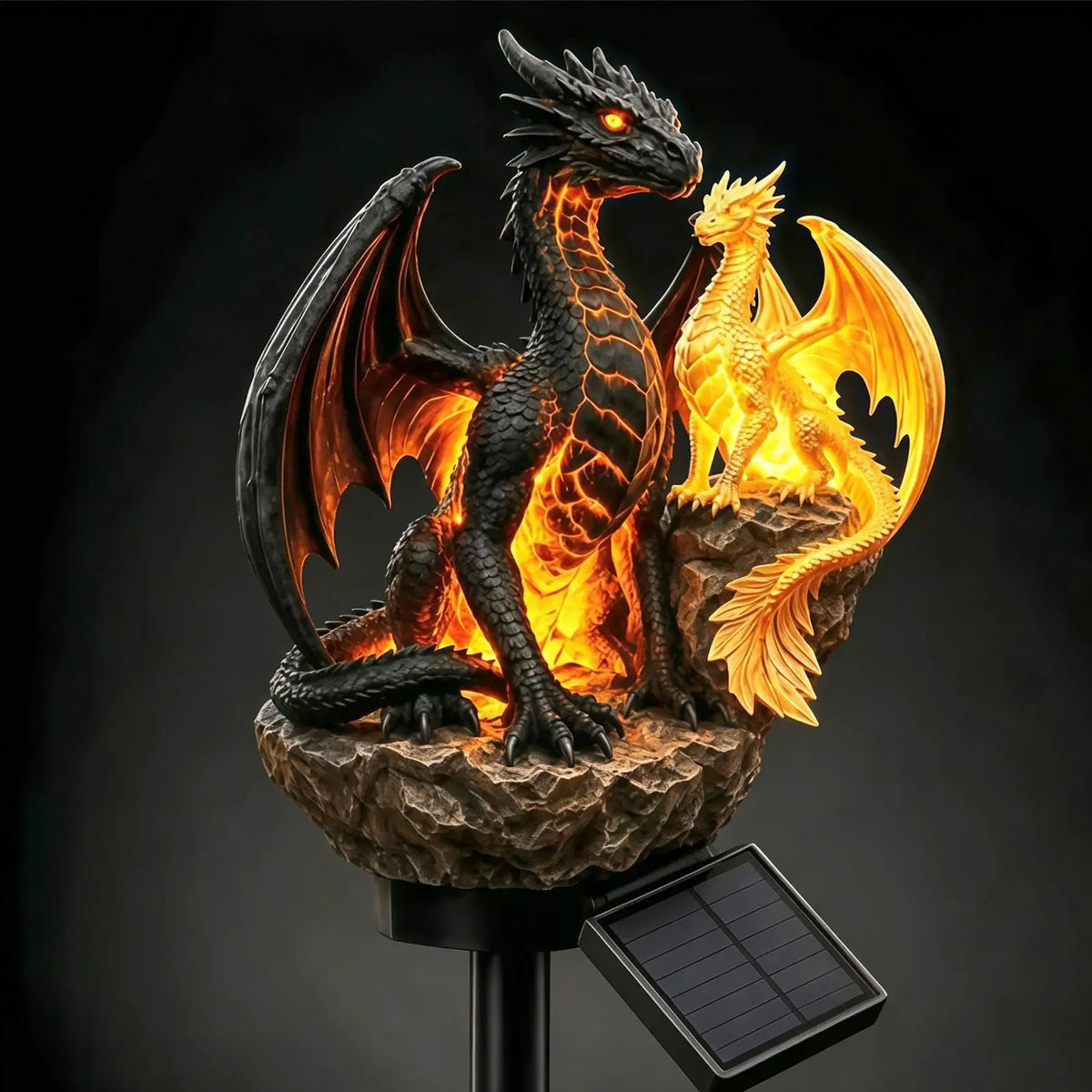 lampe solaire jardin noire orange texturées panneau solaire intégré détails sculptés fantaisie