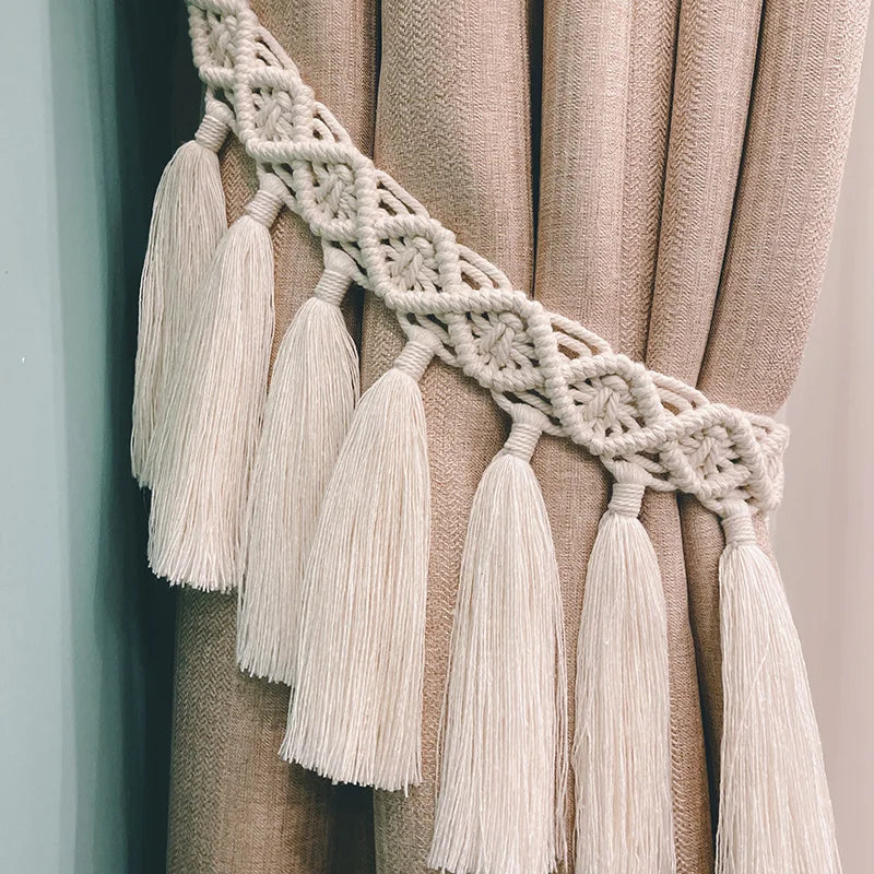 rideau boho chic macramé franges coton solide beige clair accessoires fenêtre pastorale