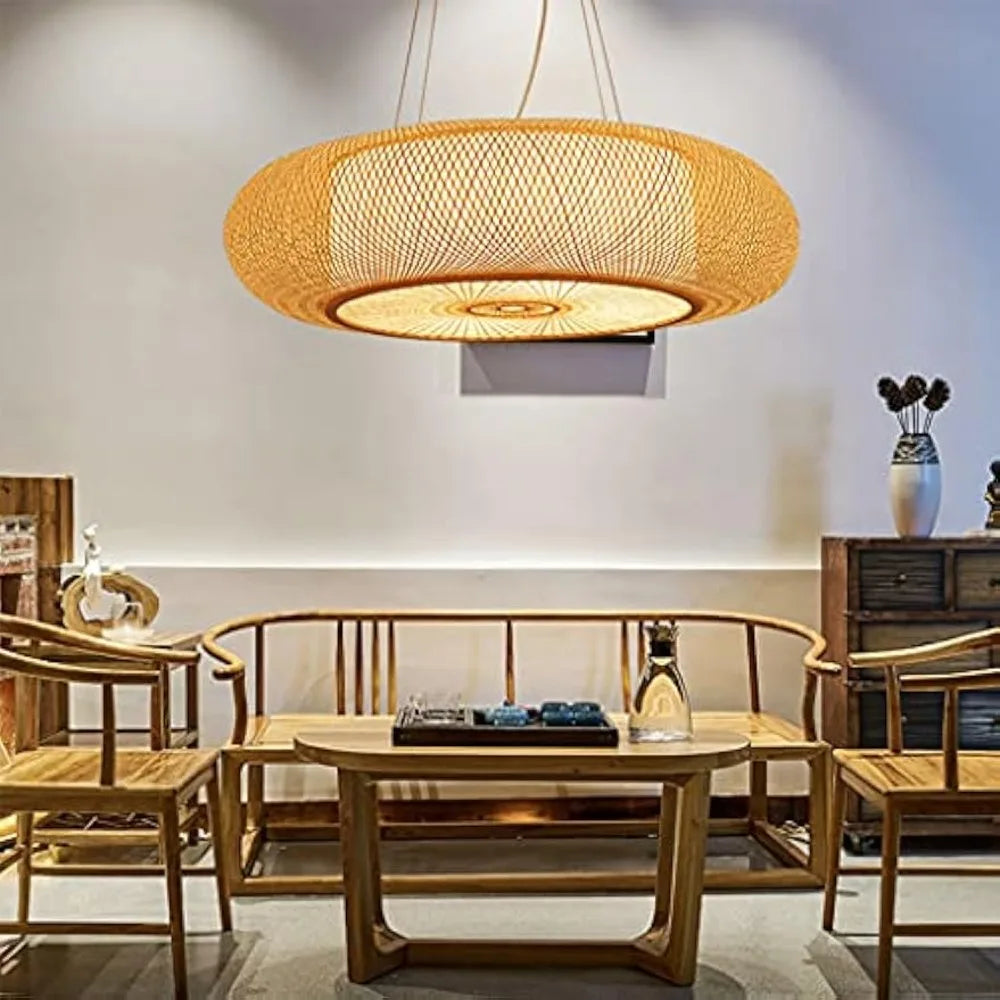 lampe suspendue bambou tissé rotin moderne rustique 40 50 60 80 cm beige clair