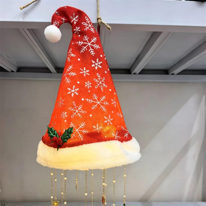 décoration noël chapeau lumineux rouge blanc doré flocons velours festive crochets guirlande