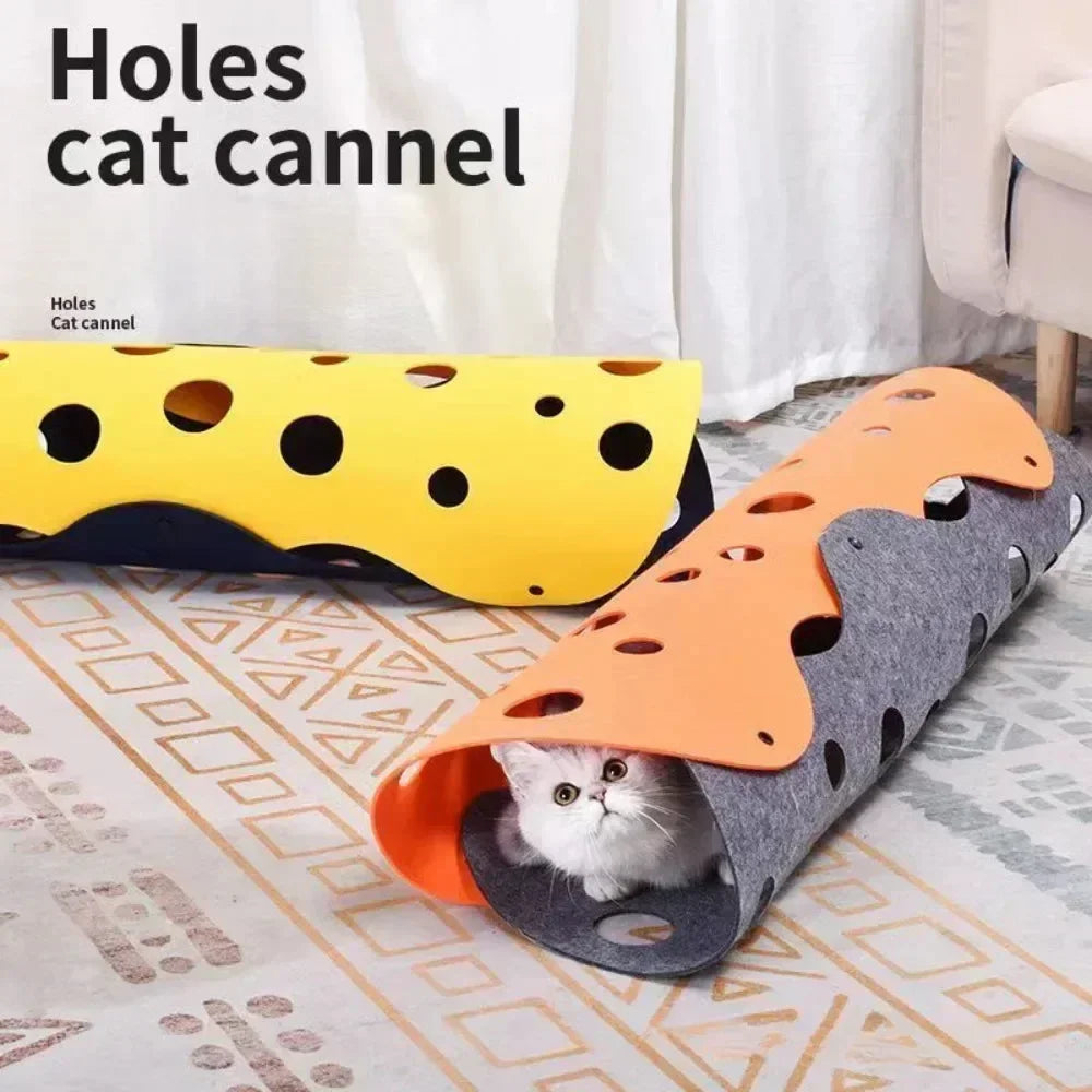 tunnel chat jaune marron gris orange imitation fromage feutre ludique amusant pliable activité jouet