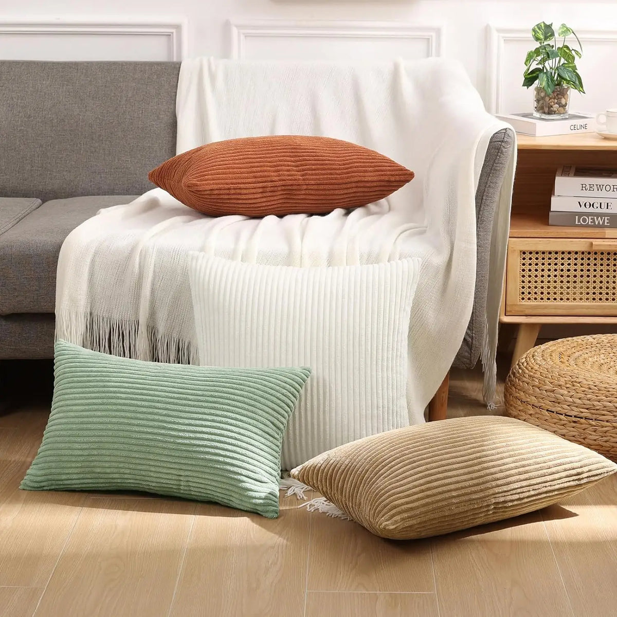 housse coussin velours côtelé rayée beige décorative canapé salon lit moderne doux