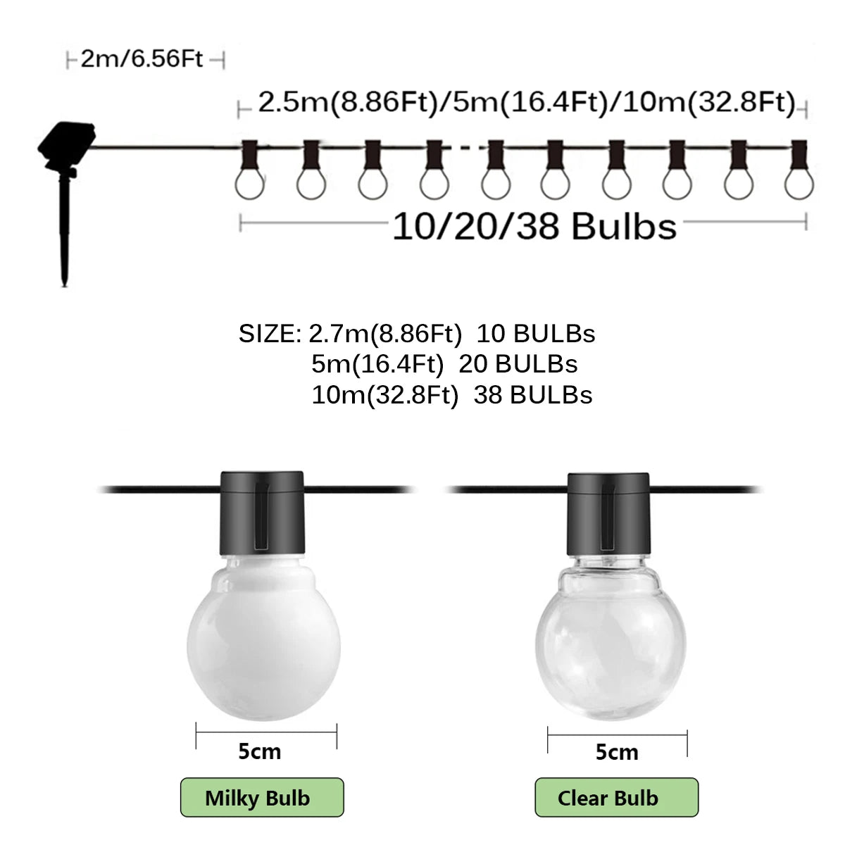 guirlande lumineuse solaire moderne 10m 38 ampoules blanc noir boules sphériques translucentes festive extérieure
