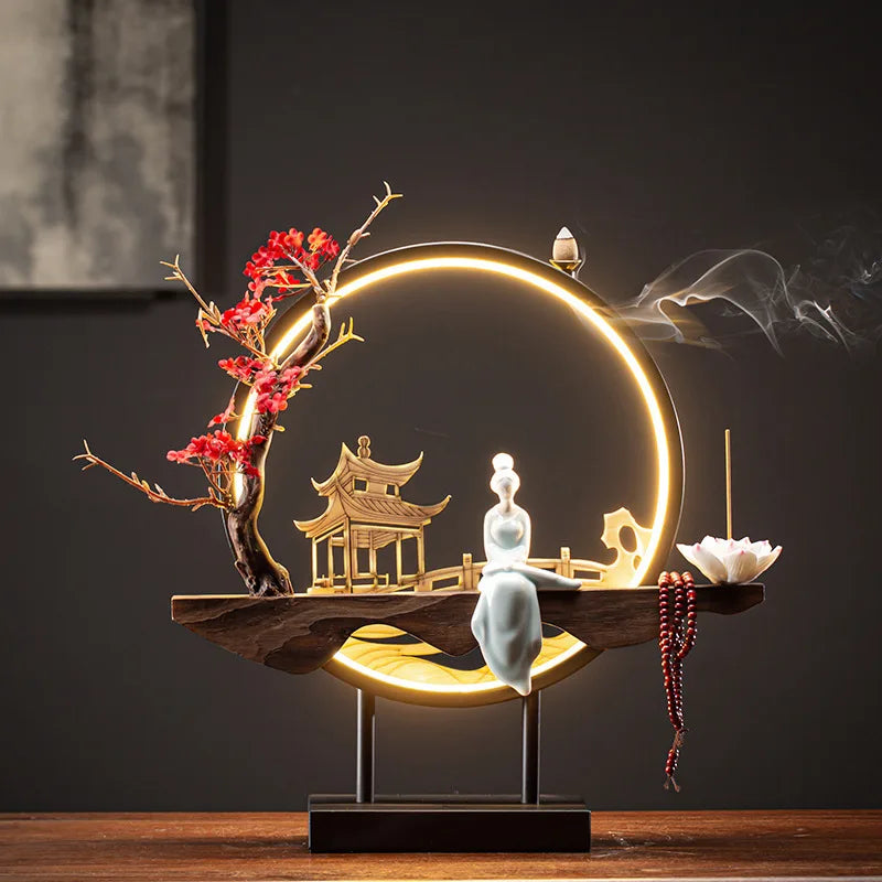 lampe décorative céramique arbre fleurs artificielles figurine femme bougie fumée support métal moderne salon