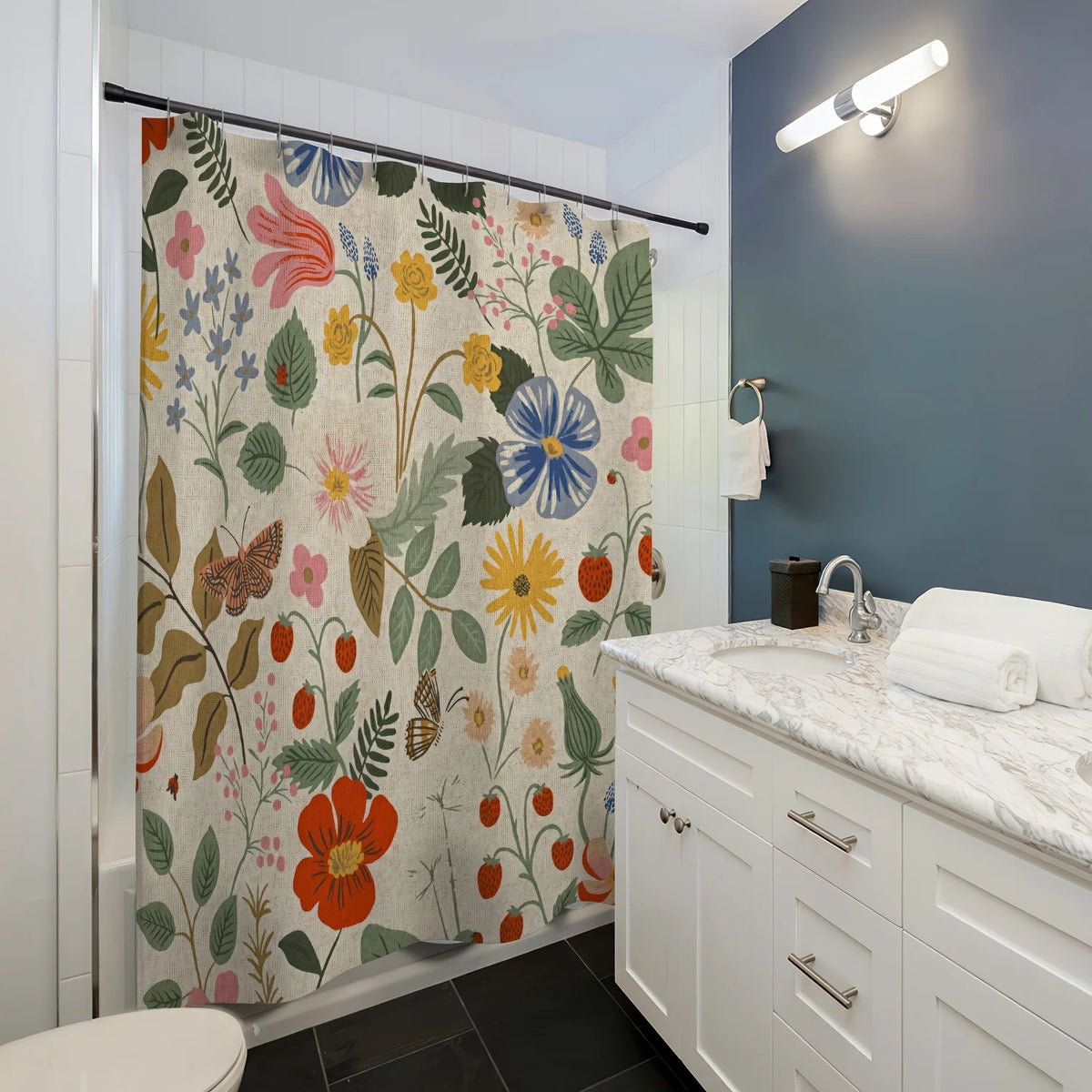 rideau douche floral imprimé papillons couleurs vives polyester respectueux environnement dimensions 180x180cm