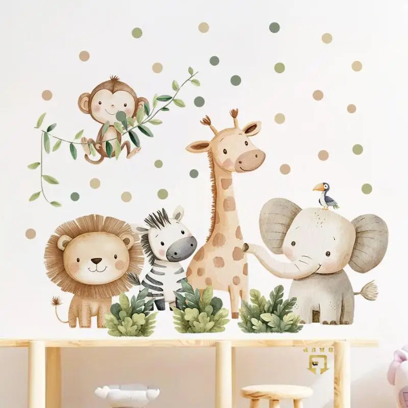 sticker mural animal savane aquarelle lion girafe elephant singe zèbre toucan enfant chambre