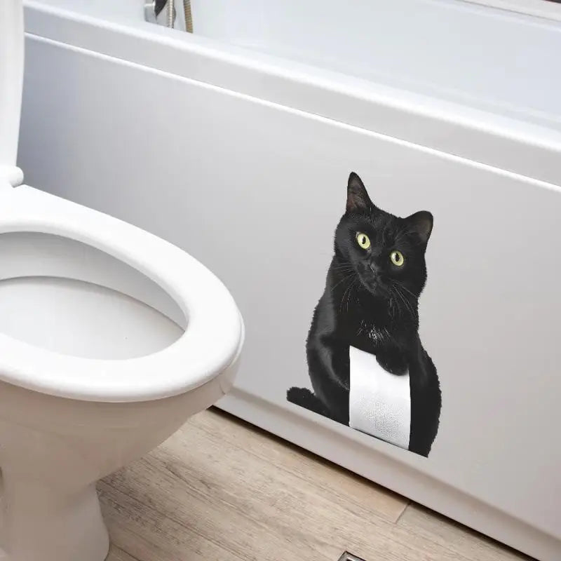 sticker mural chat noir rouleau papier toilette adhésif pvc moderne decoration salle bain