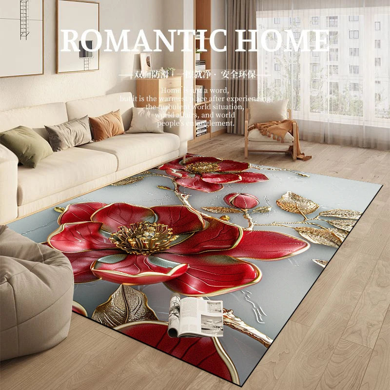 Cette image représente un beau tapis au design floral rouge et doré, qui apporte une touche romantique et élégante à la décoration de cette pièce chaleureuse et lumineuse.