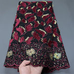 tissu dentelle violet noir rose fleurs feuilles paillettes broderie cérémonie mariage haut qualité 130cm