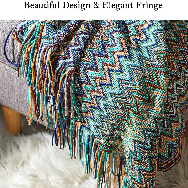 couverture acrylique bleu zigzag moderne pompon portable printemps automne maison voyage