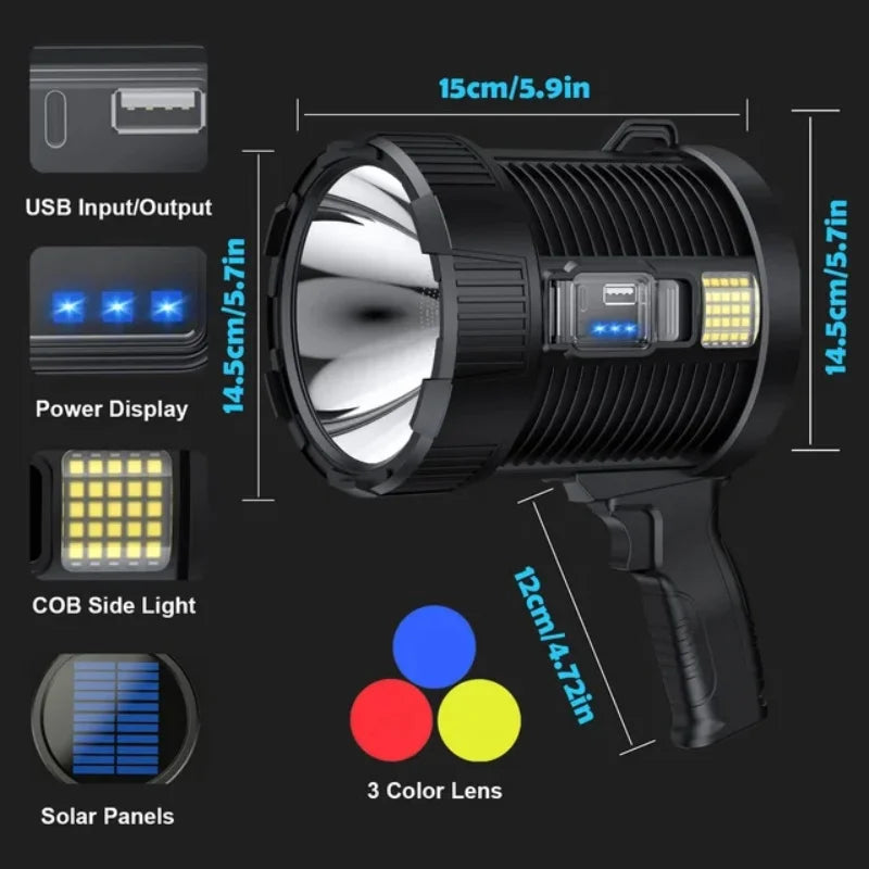 projecteur poche lumineux led rechargeable panneau solaire outdoor camping autodéfense banque alimentation resistant chocs