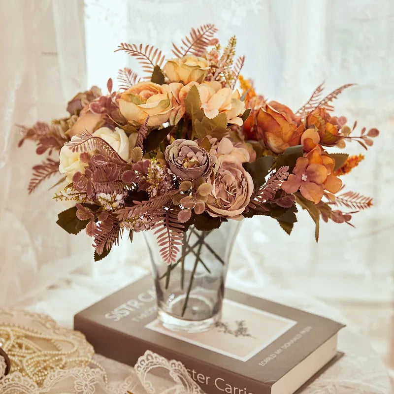 bouquet fleurs artificielles vintage romantique rose beige marron vert doré intérieur mariage chambreDecorationFetePrenuptialeAnniversaireBabyShower