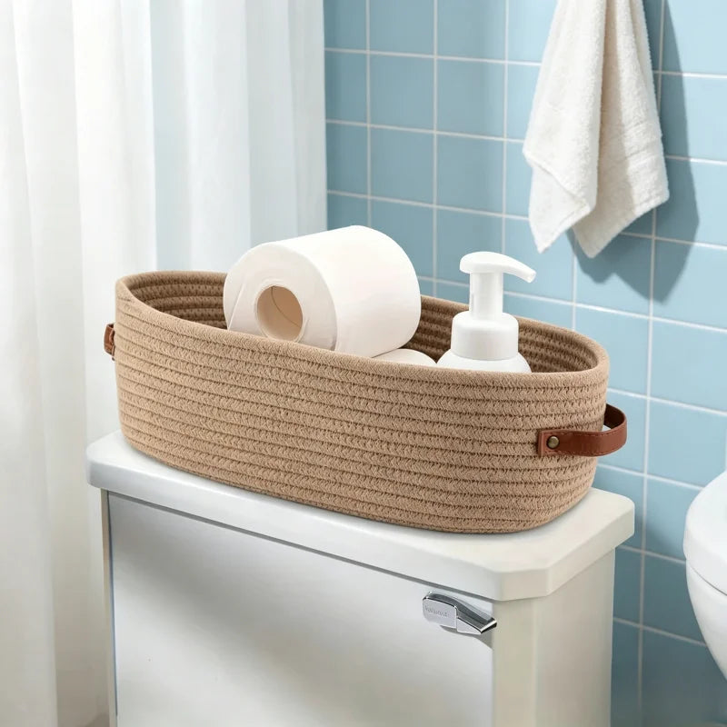 panier rangement ovale tissé coton beige blanc moderne poignées cuir salle bain