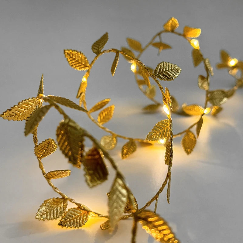 guirlande lumineuse feuilles dorées décoration mariage anniversaire noël festive plastique 2m 20led