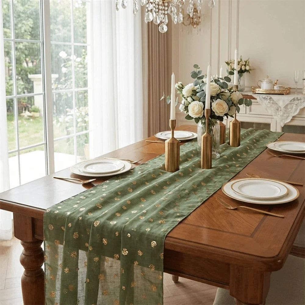 chemin table vert olive motif points dorés classique noël saint valentin nouveau an manger