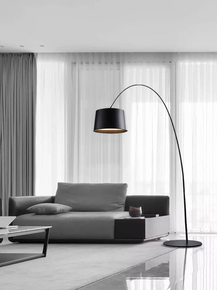 lampe sol moderne led noir base circulaire abat jour aluminium éclairage intérieur minimaliste