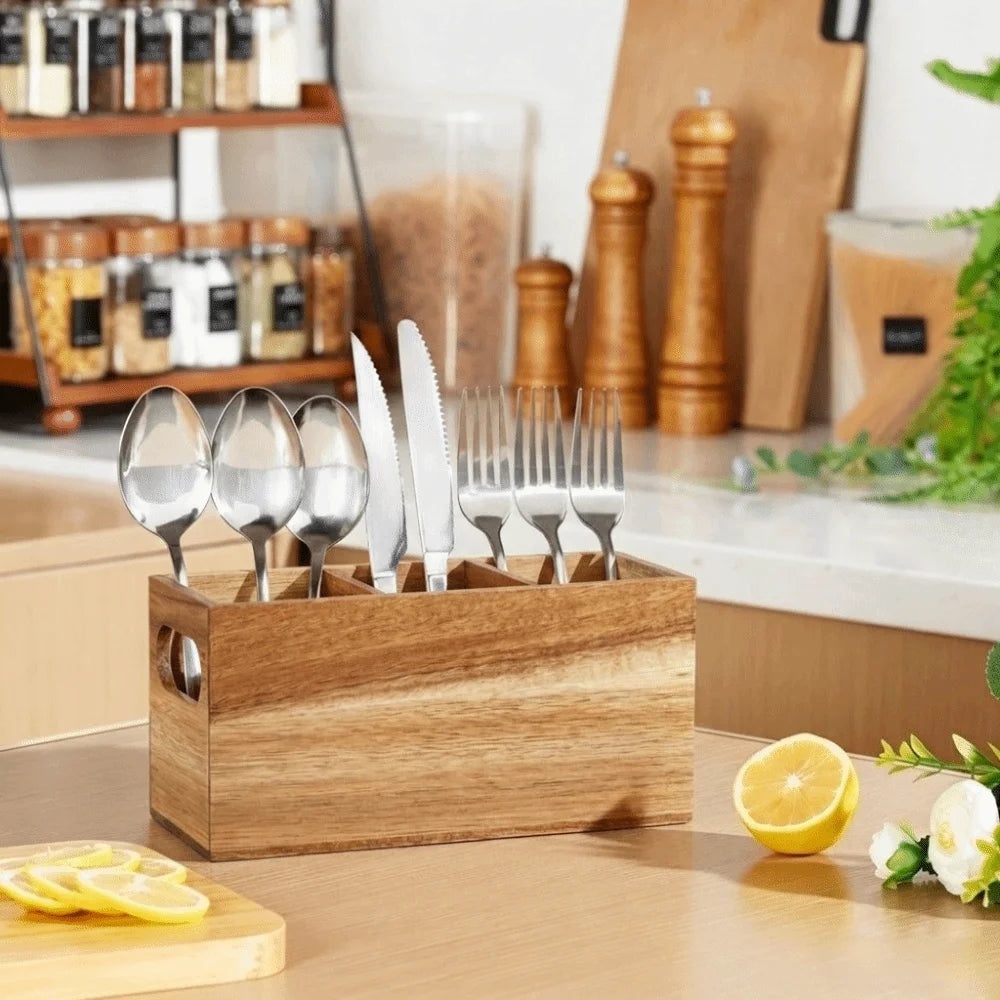 rangement ustensiles cuisine boîte bois modernes rustique fourchettes cuillères couteaux spatules louches