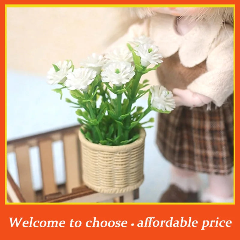plante artificielle miniature pot tressé fleurs vertes décoration intérieure maison poupée jouet rustique champêtre