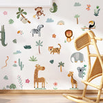 sticker mural animaux dessin animé jungle girafe zèbre léopard éléphant oiseaux plantes chambre enfant