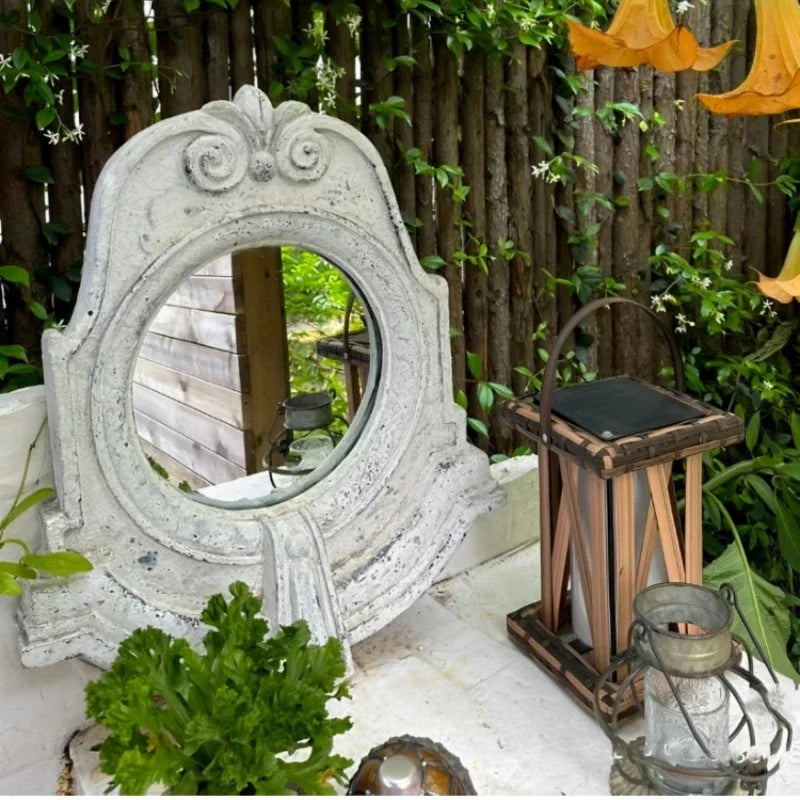 miroir decoratif mural rond blanc vieilli vintage cour balcon decoration accent