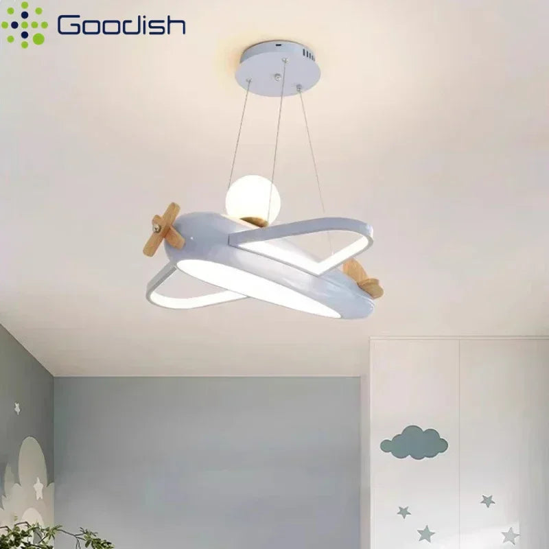 lampe suspendue moderne avion forme bois blanc chambre enfant enfantin chaînes fixées