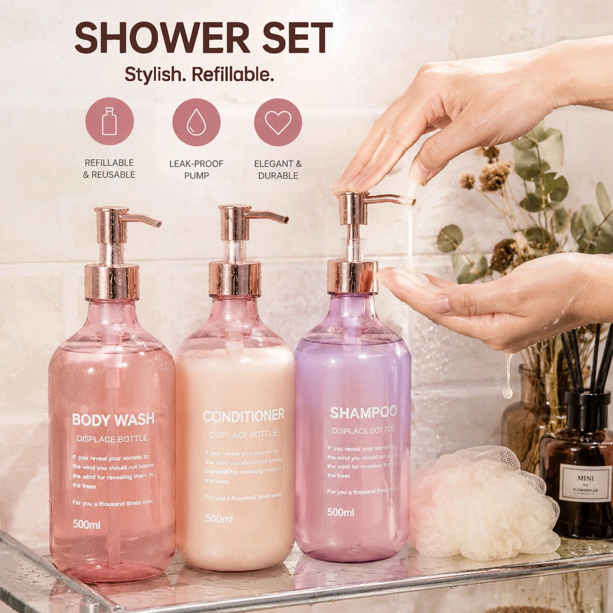 distributeurs douche rose verre texturé moderne ensemble salle bain 500ml translucent