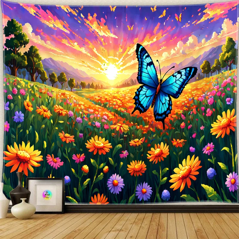 tapisserie murale paysage floral papillons fleurs océan décoration chambre salon tissu polyester multicolore grande