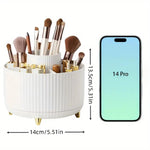 support rangement rotatif blanc rayures modernes pieds dorés pinceaux maquillage fards crèmes ciseaux stylos