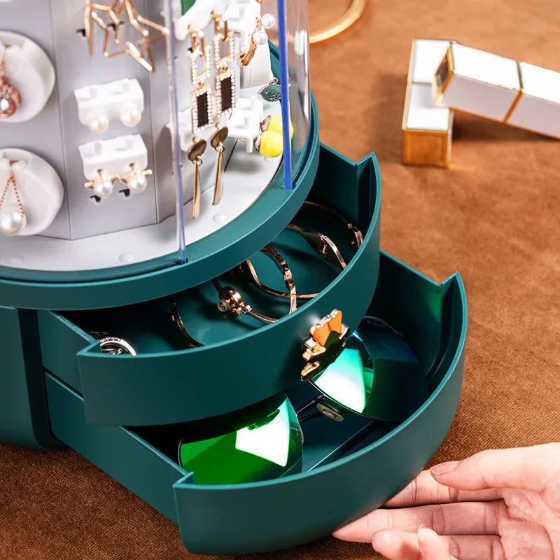 boîte bijoux rotative moderne vert foncé gris clair matériau plastique rangement bijoux adhésif boucles