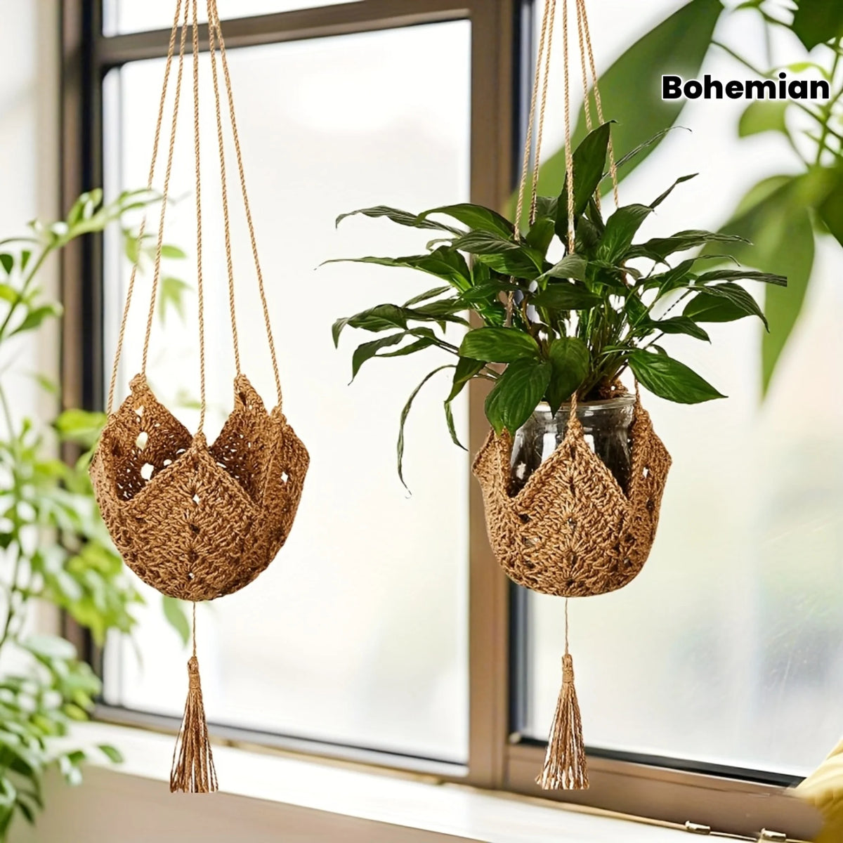 panier suspendu bohème tressé jute fibreux décoration intérieure extérieure plantes potsFRINGES
