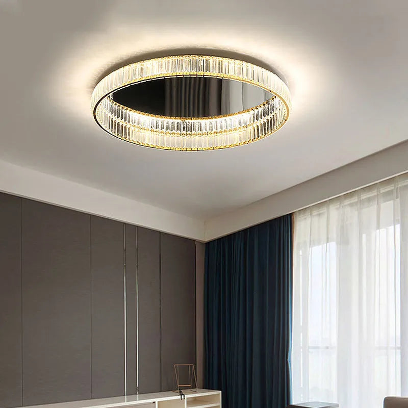 suspension lumineuse moderne or transparent cristaux led télécommande élégante salon chambre