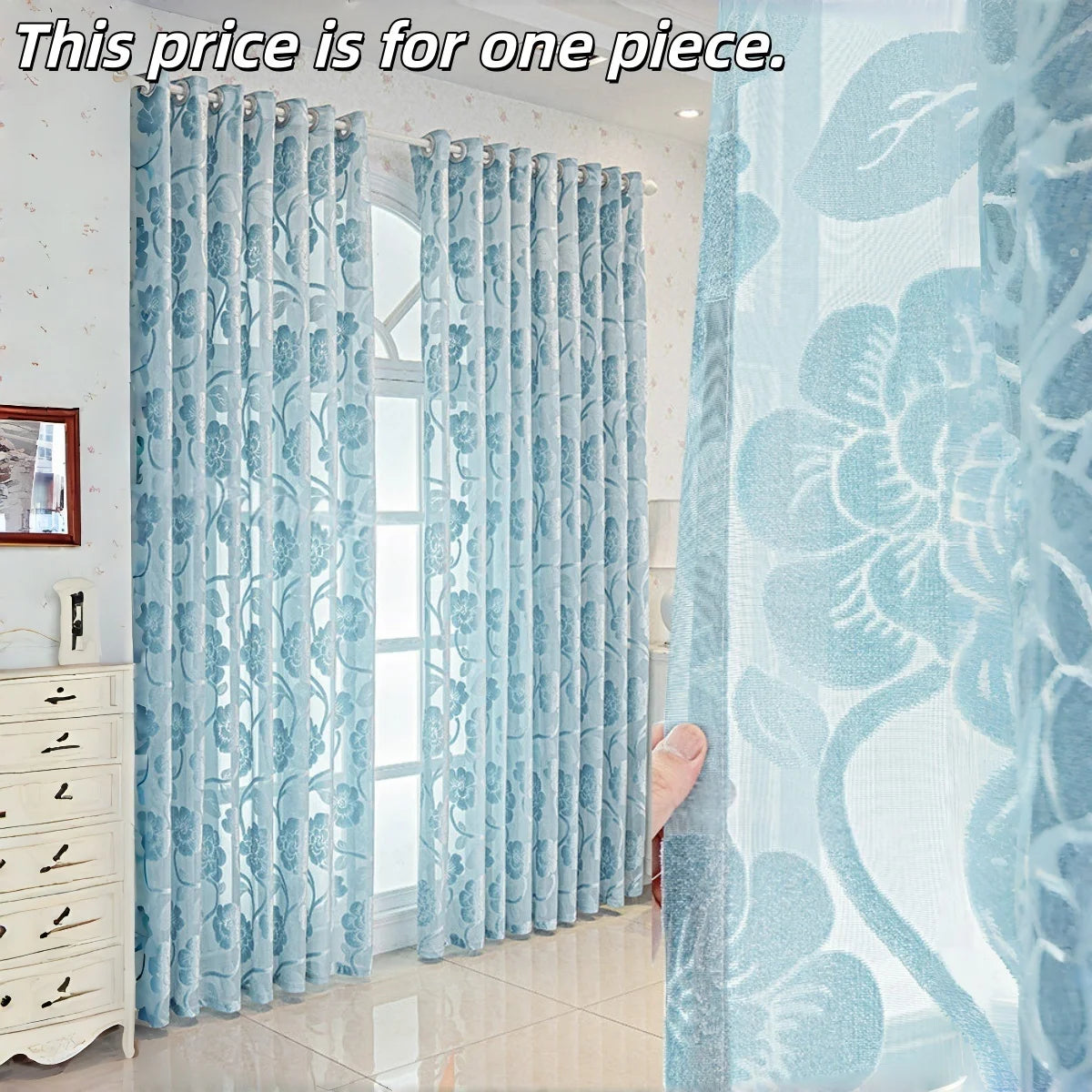 rideau floral bleu clair polyester translucide moderne tringle intimité salon chambre